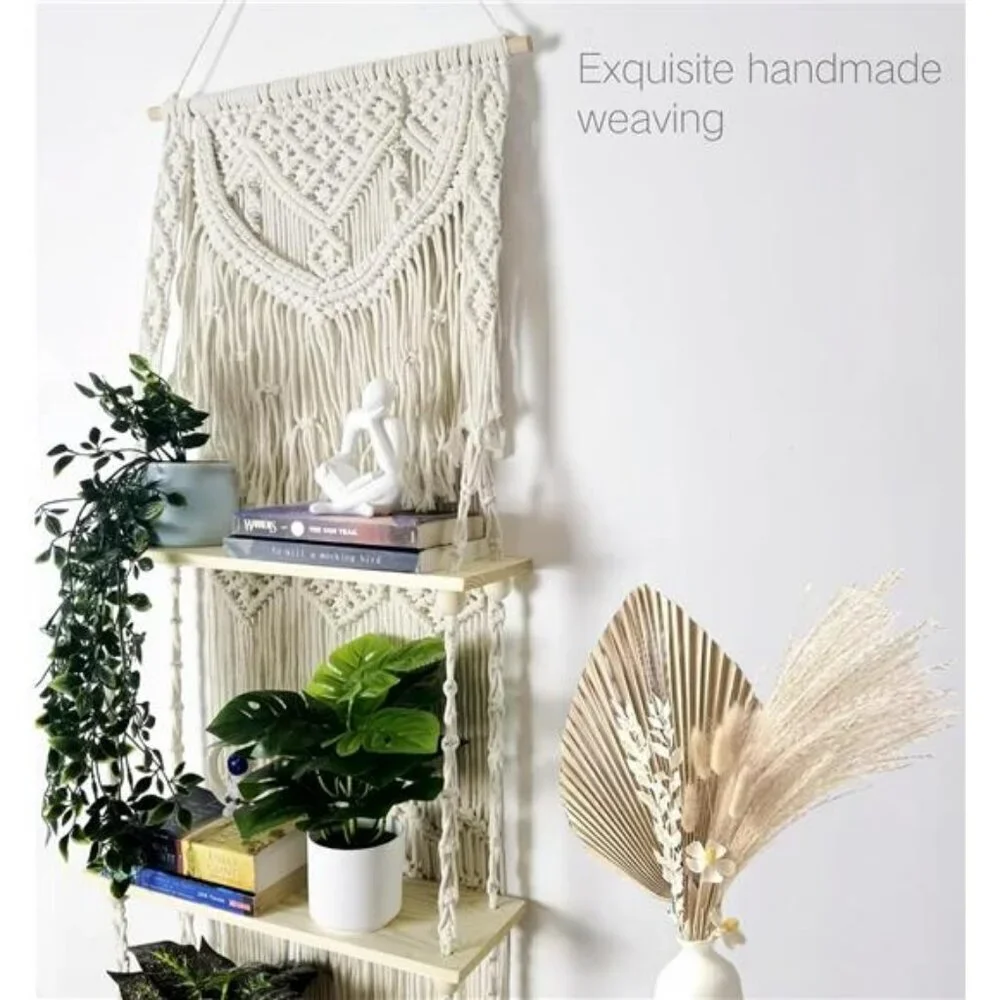 Macrame Wall Hanging Shelf 2 Tier Boho Floating Shelf Organizer for Plants